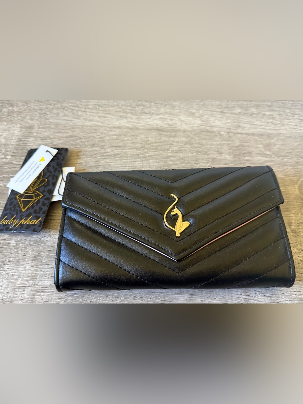Baby Phat Black Quilted Wallet with Gold Cat Logo